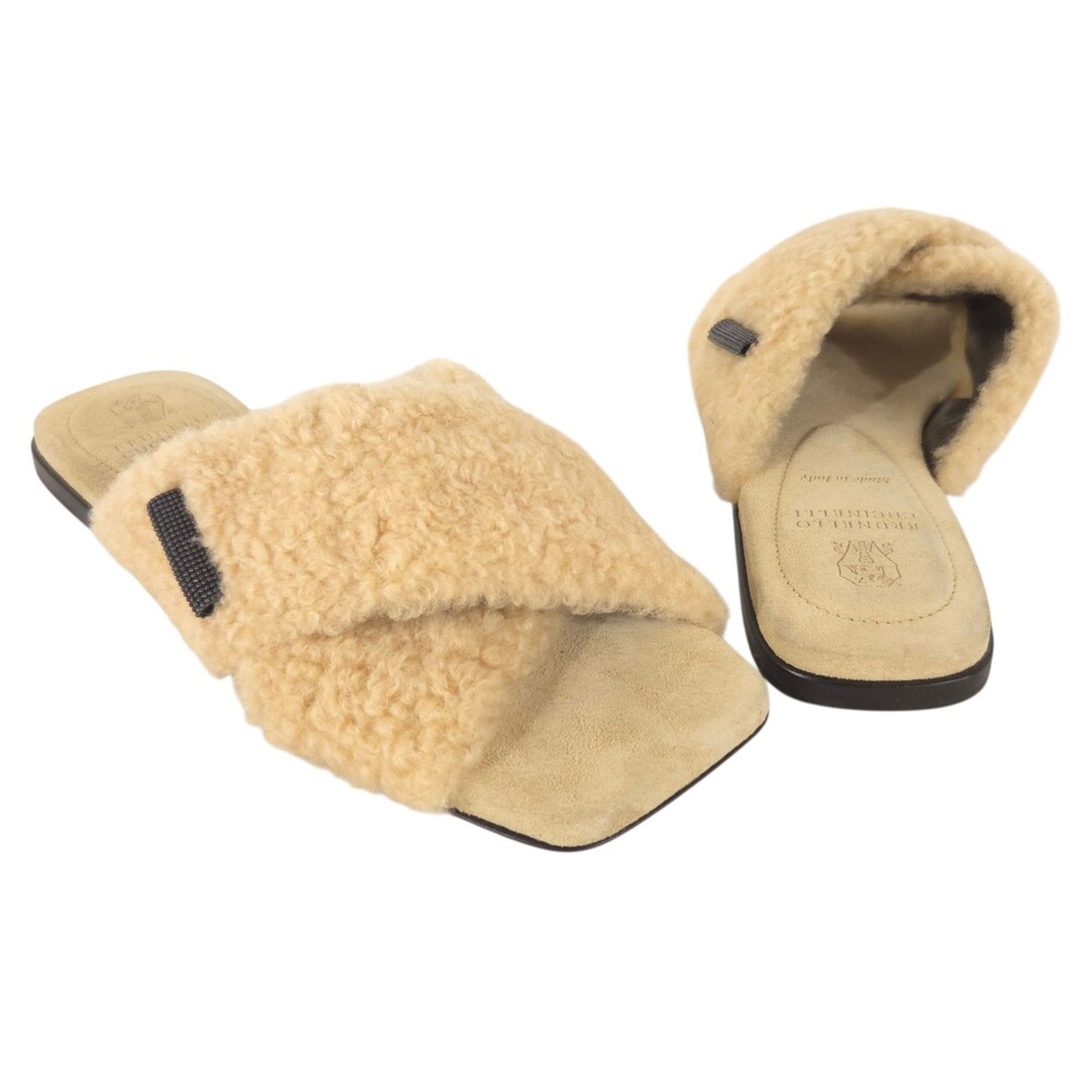Brunello Cucinelli Monili Shearling Slide Sandals US 5 EU 35 Womens Beige $1150